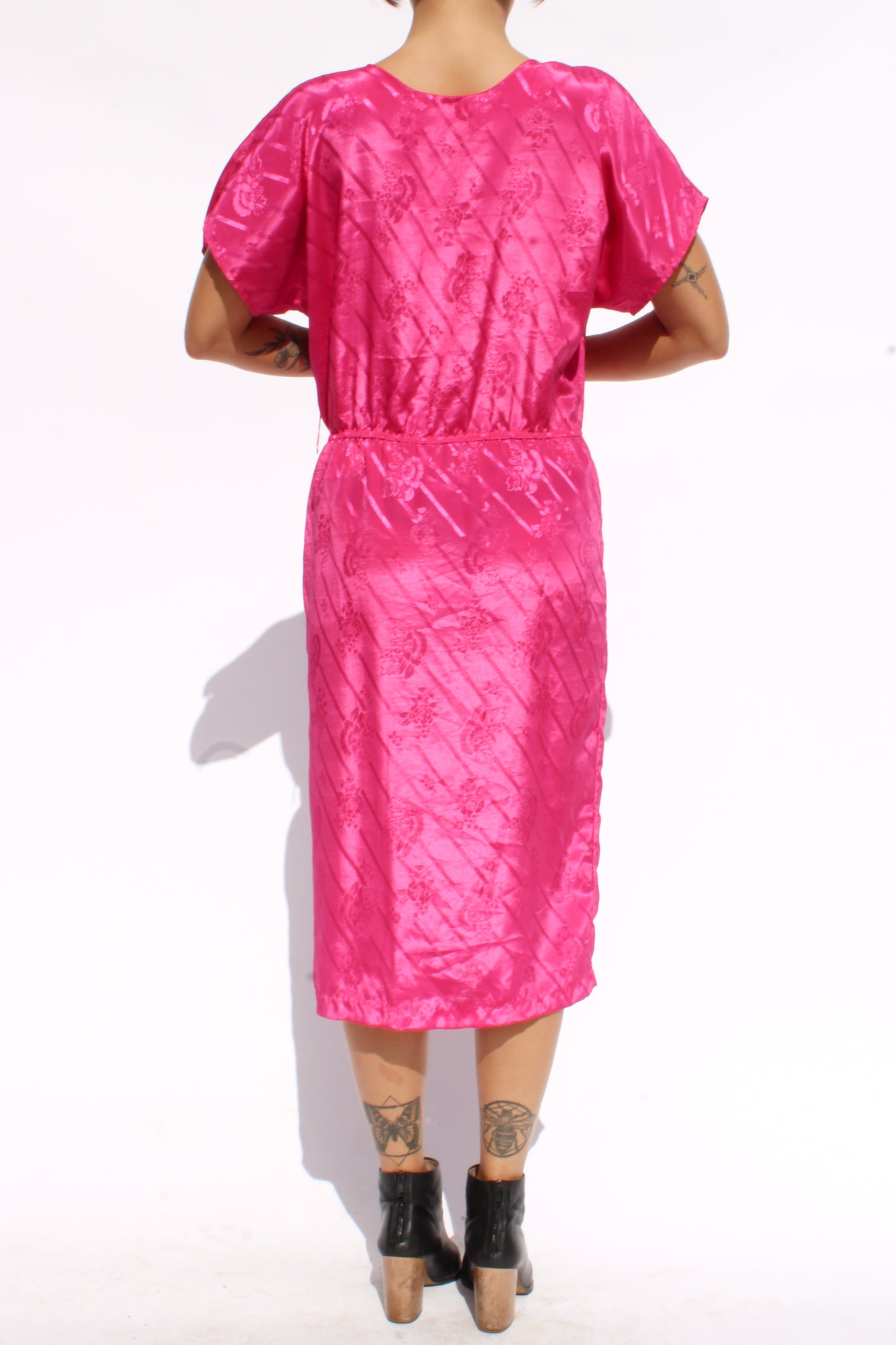 1980s Hot Pink Damask Midi Dress
