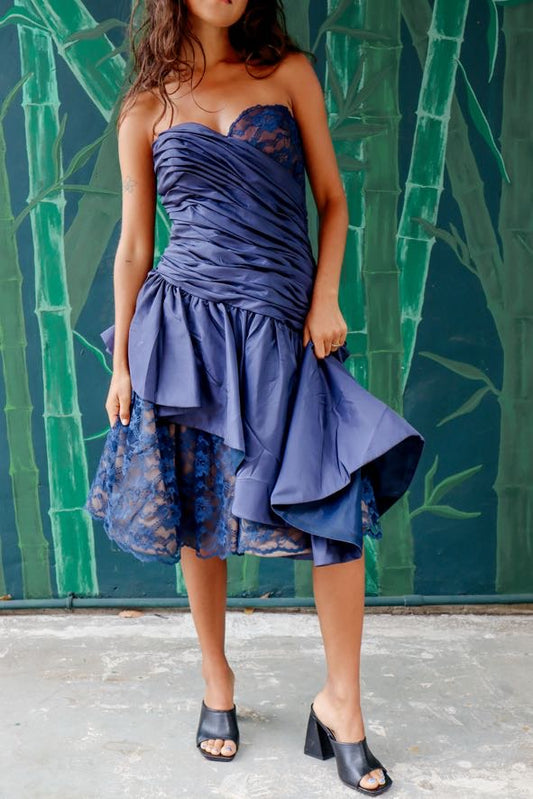 1980's Strapless Navy Lace Party Dress