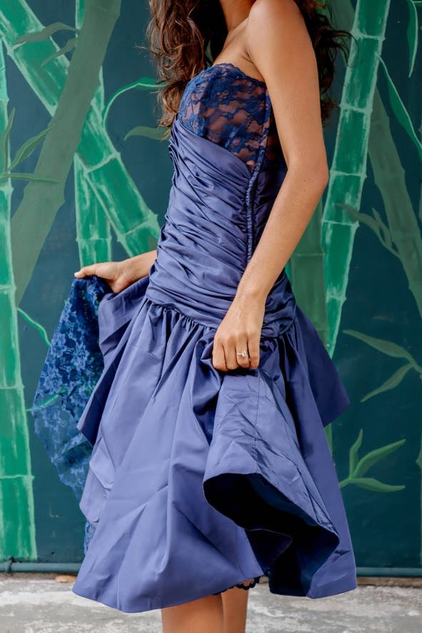 1980's Strapless Navy Lace Party Dress