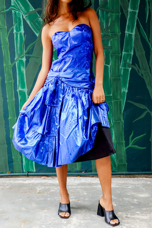 1980's Strapless Blue Metallic Prom Dress