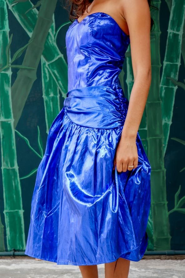 1980's Strapless Blue Metallic Prom Dress