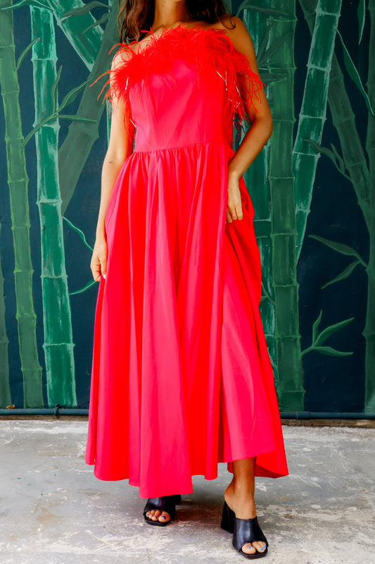 1980's Red Fluffy Strapless Cocktail Dress