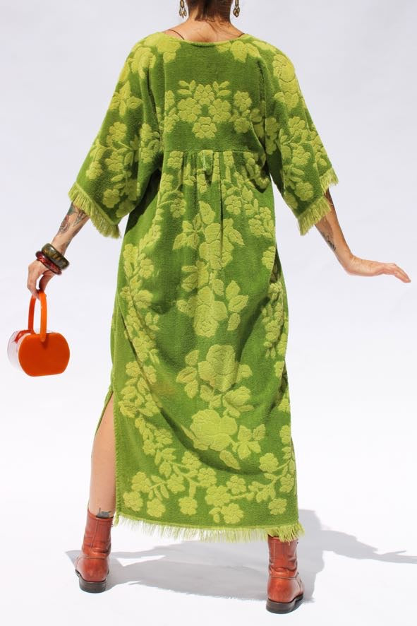 1970s Green Rose Print Terry Cloth Dress