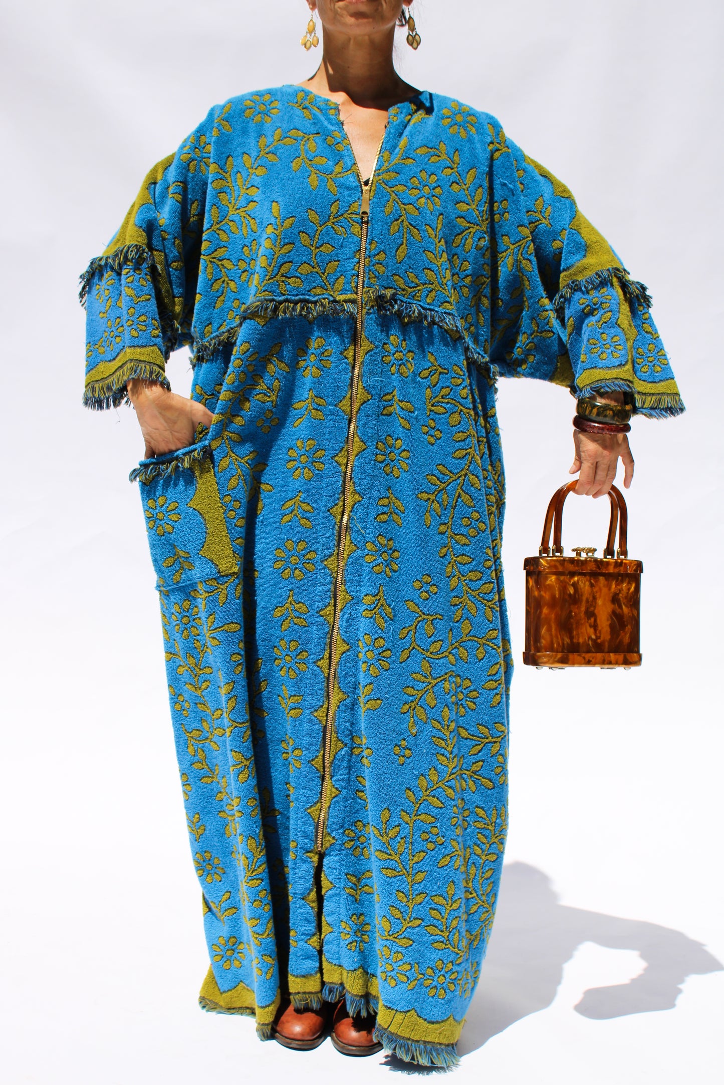 1970s Blue Floral Terry Cloth Dress