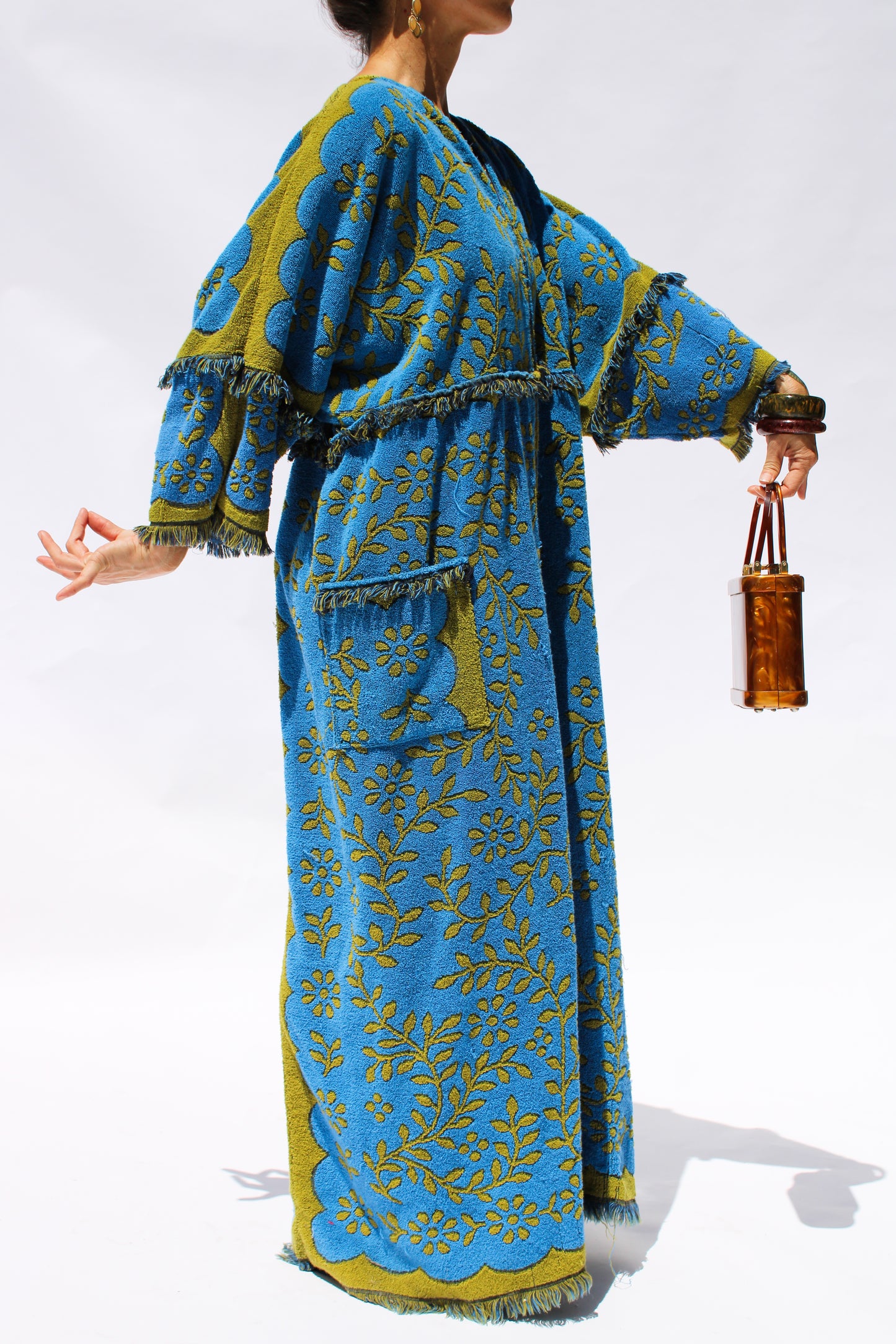 1970s Blue Floral Terry Cloth Dress