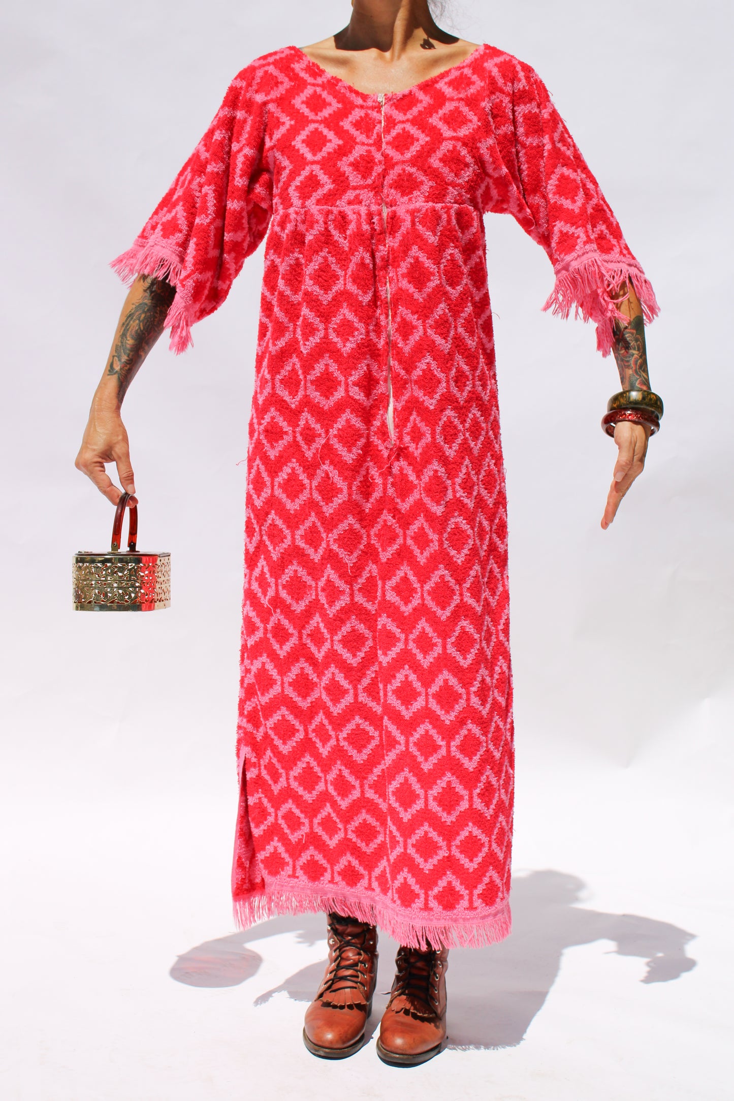 1970s Fuchsia Print Terry Cloth Dress