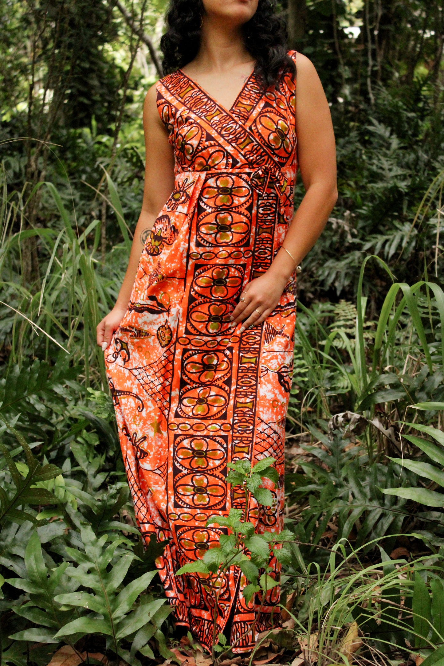 1970's Orange Tropical Maxi Dress