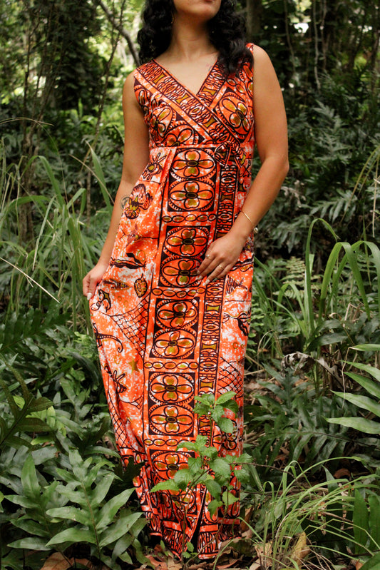 1970's Orange Tropical Maxi Dress