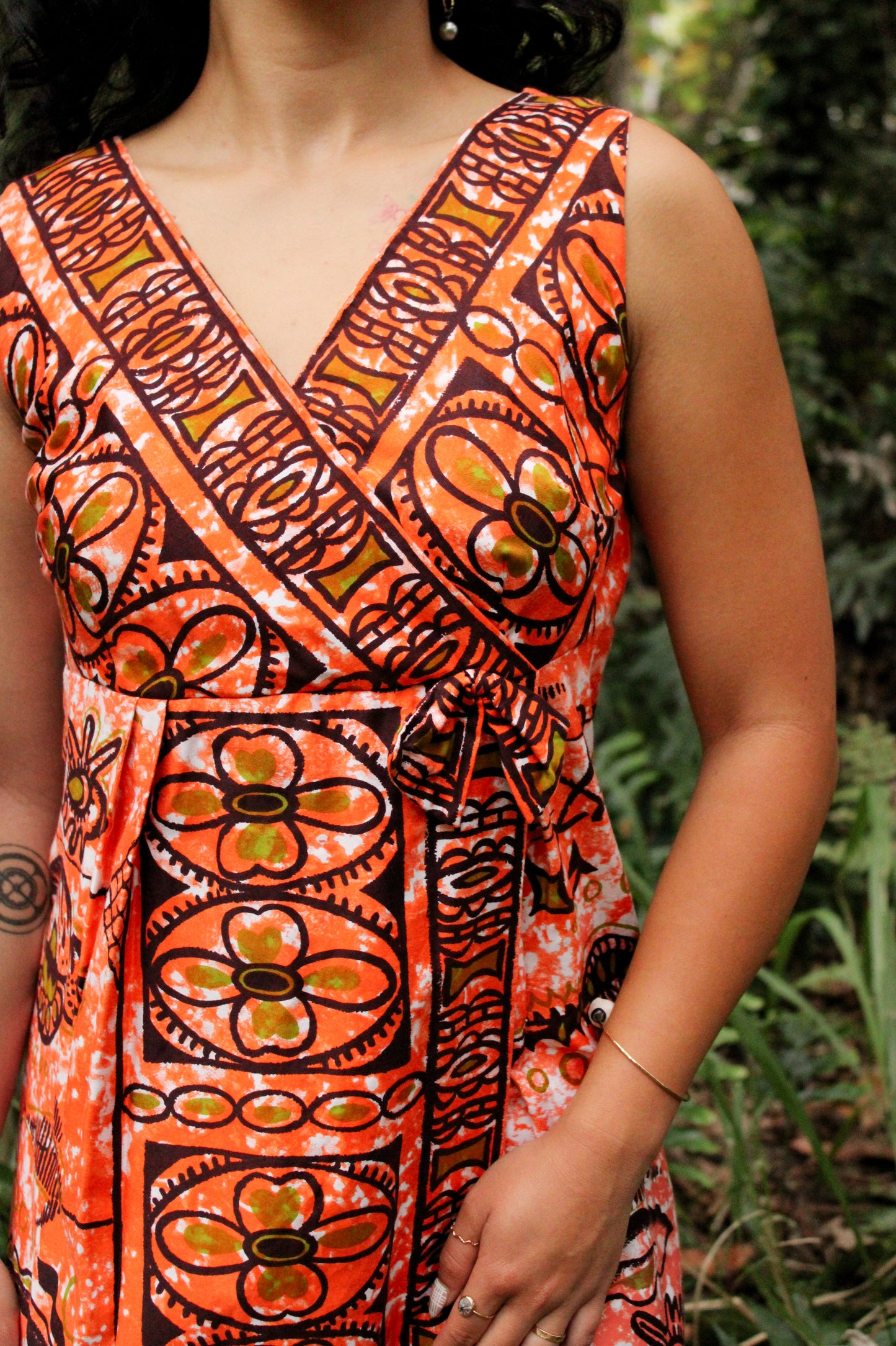 1970's Orange Tropical Maxi Dress