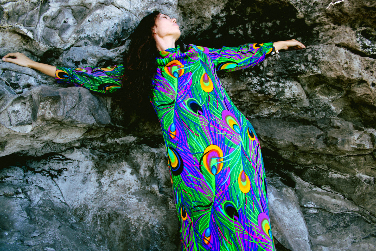 1970s Peacock Maxi Dress