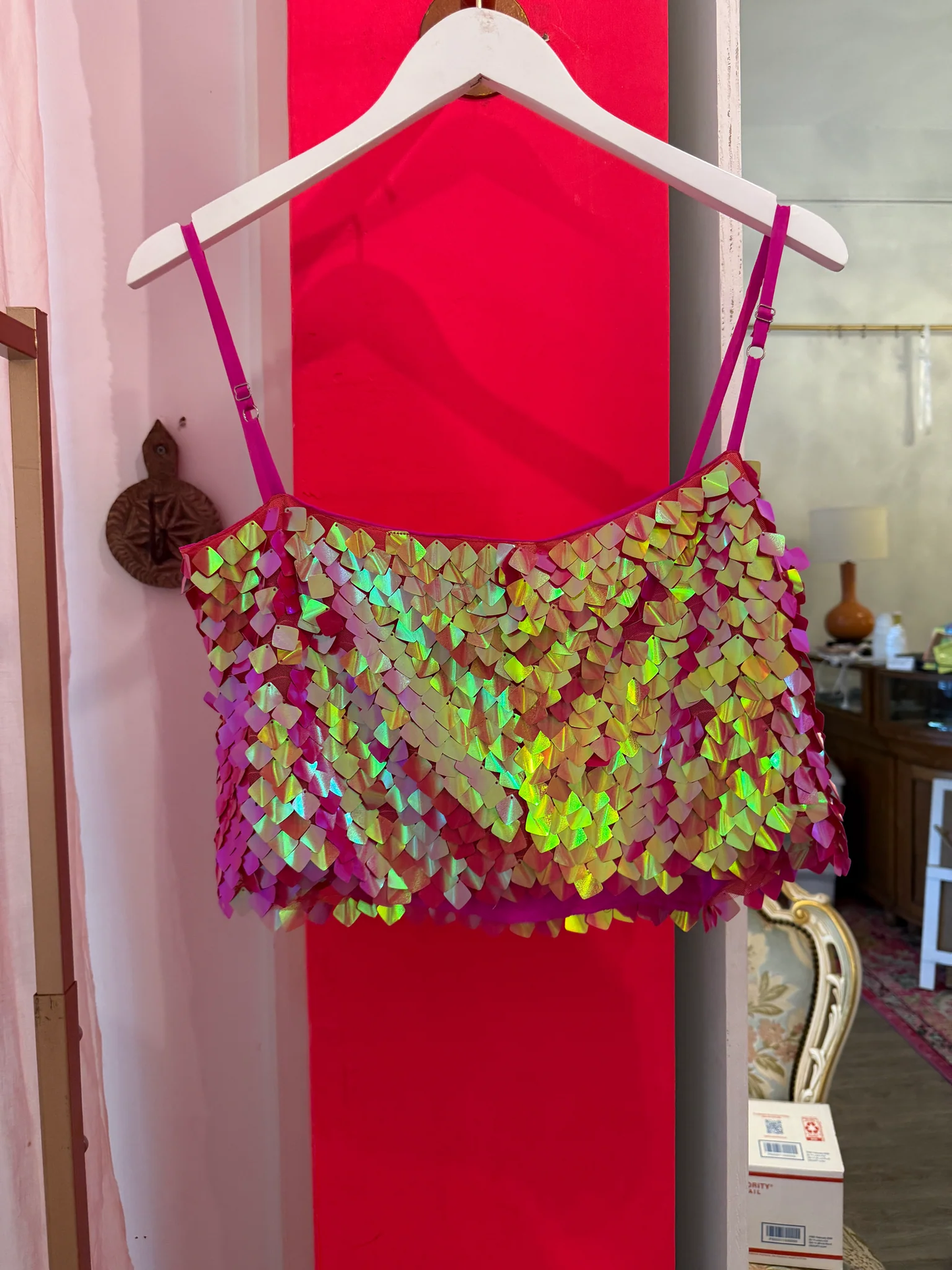 Pink Sequin Crop Top Tank