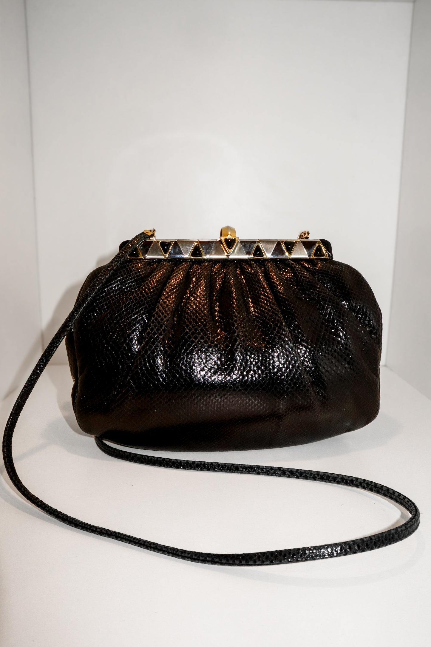 1980's Judith Leiber Black Lizard Clutch/Crossbody Bag