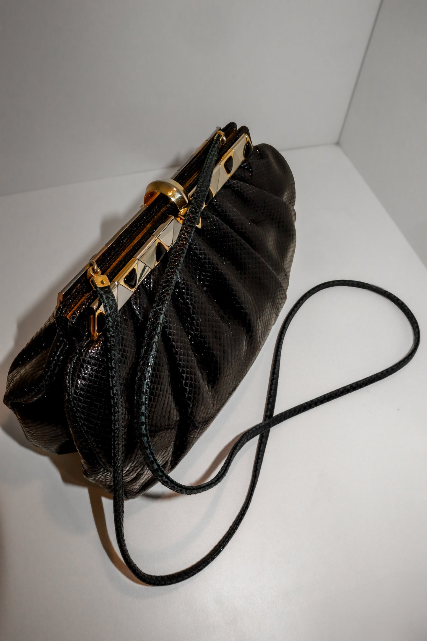 1980's Judith Leiber Black Lizard Clutch/Crossbody Bag
