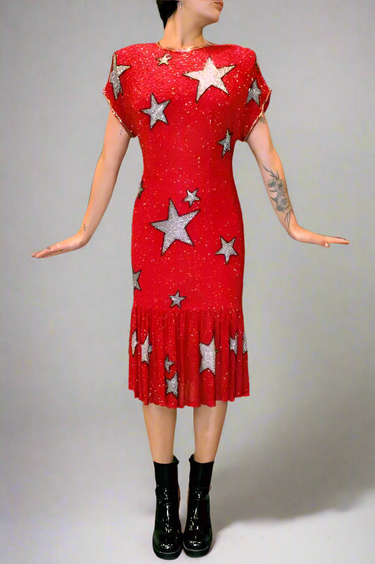 1980s Red Star Fully Beaded Dress