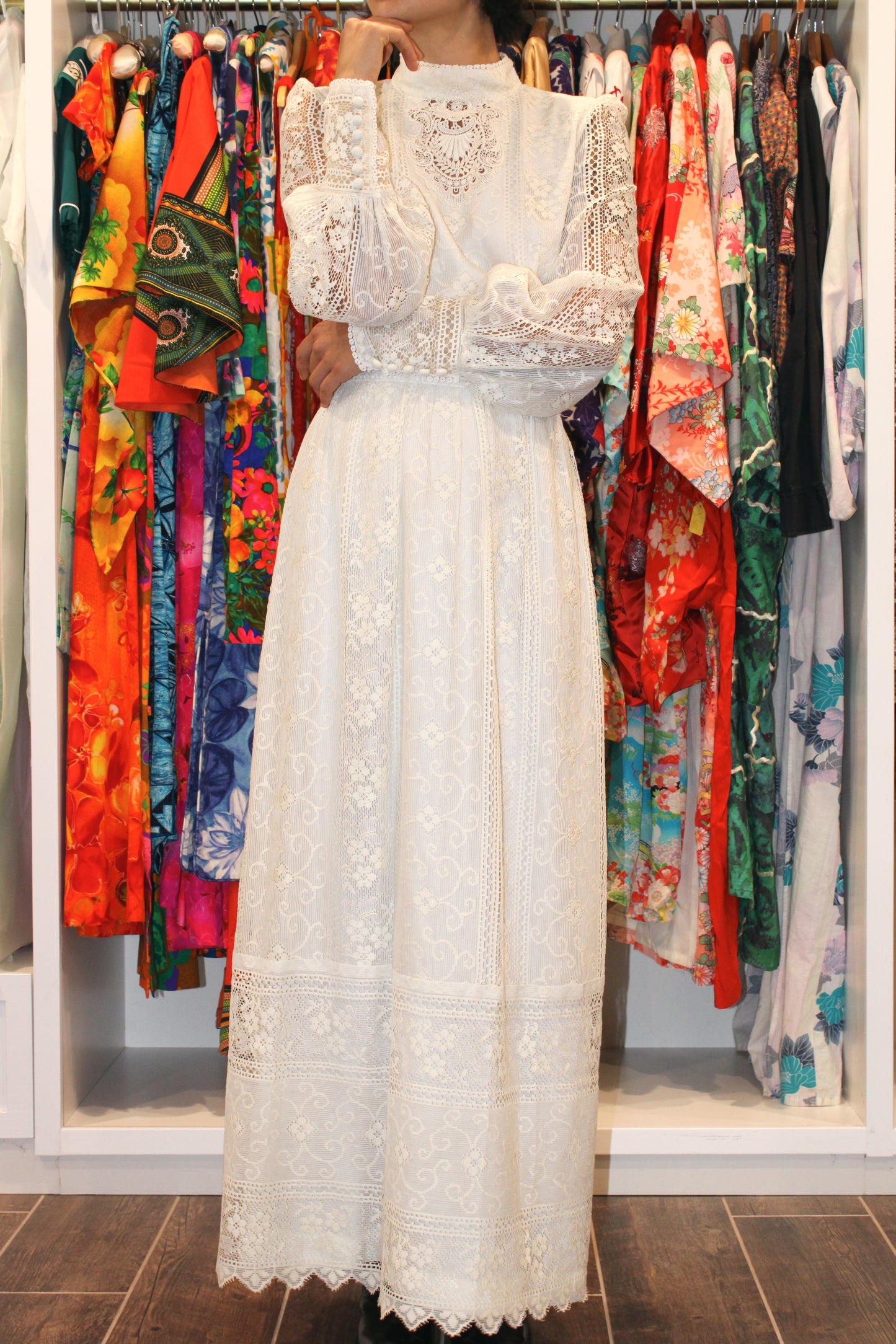 1970s Cream Mixed Lace Victor Costa Boho Maxi Dress