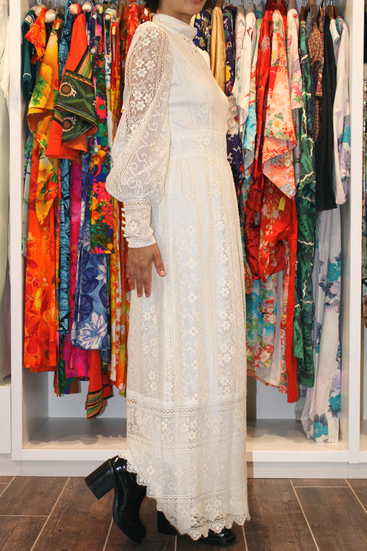 1970s Cream Mixed Lace Victor Costa Boho Maxi Dress