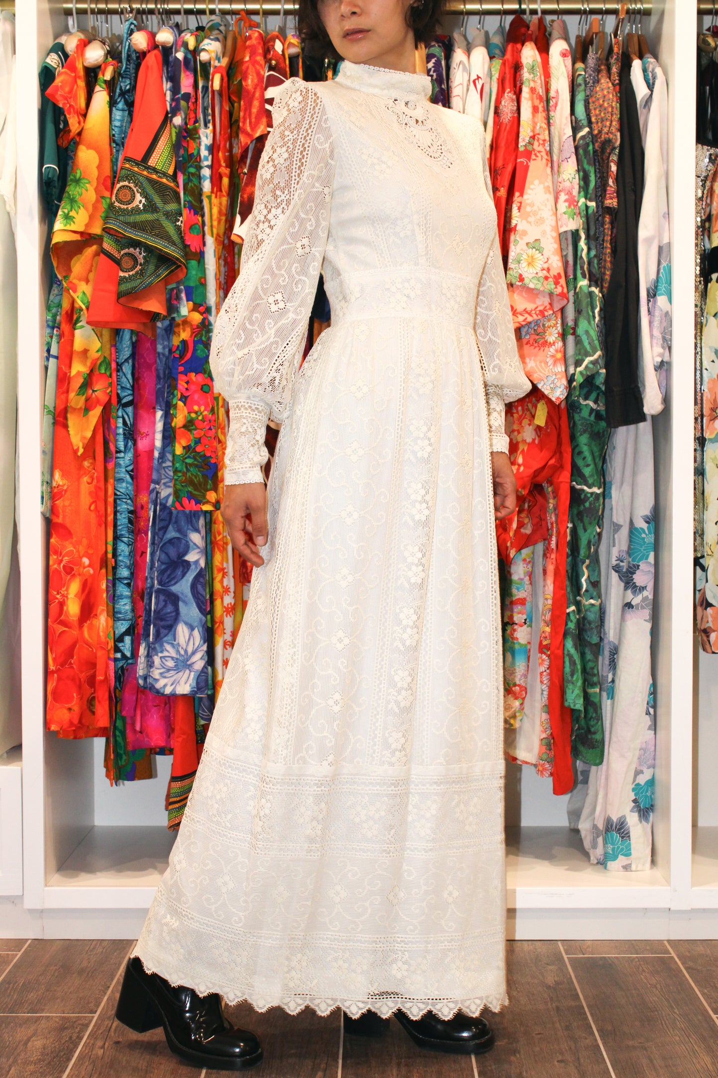 1970s Cream Mixed Lace Victor Costa Boho Maxi Dress