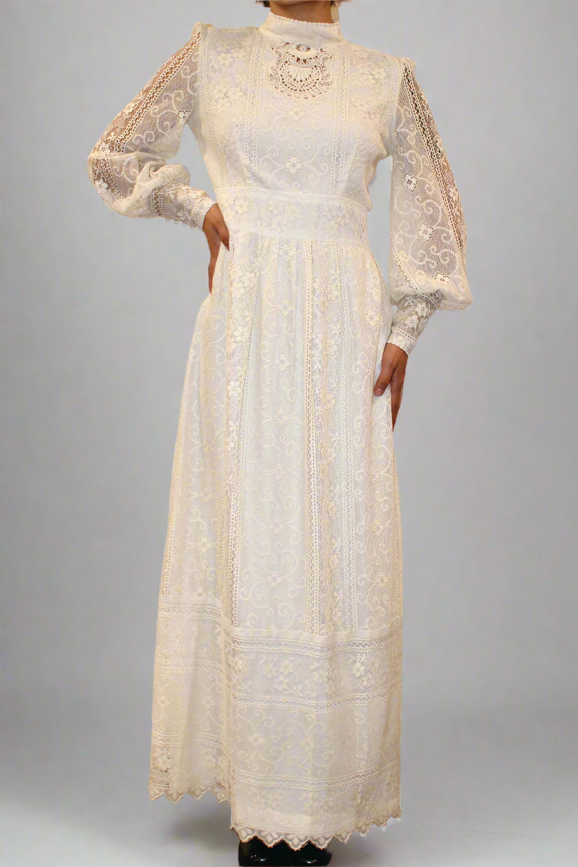 1970s Cream Mixed Lace Victor Costa Boho Maxi Dress