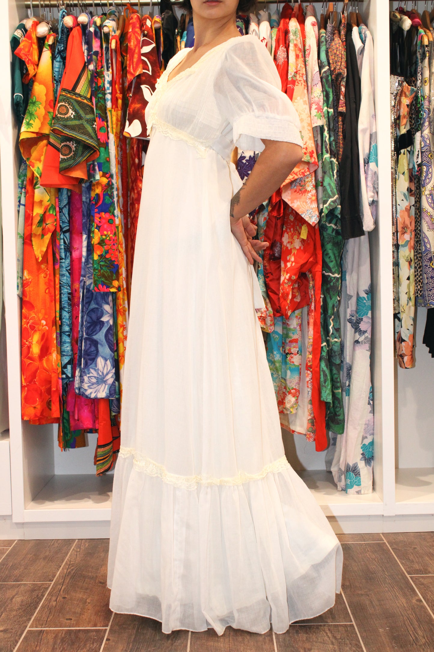 1970s White Swiss Dot Semi Sheer Maxi Dress