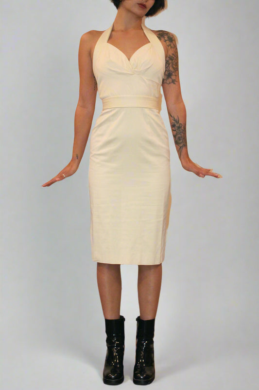 1990s Cream Alexander McQueen Halter Wiggle Dress