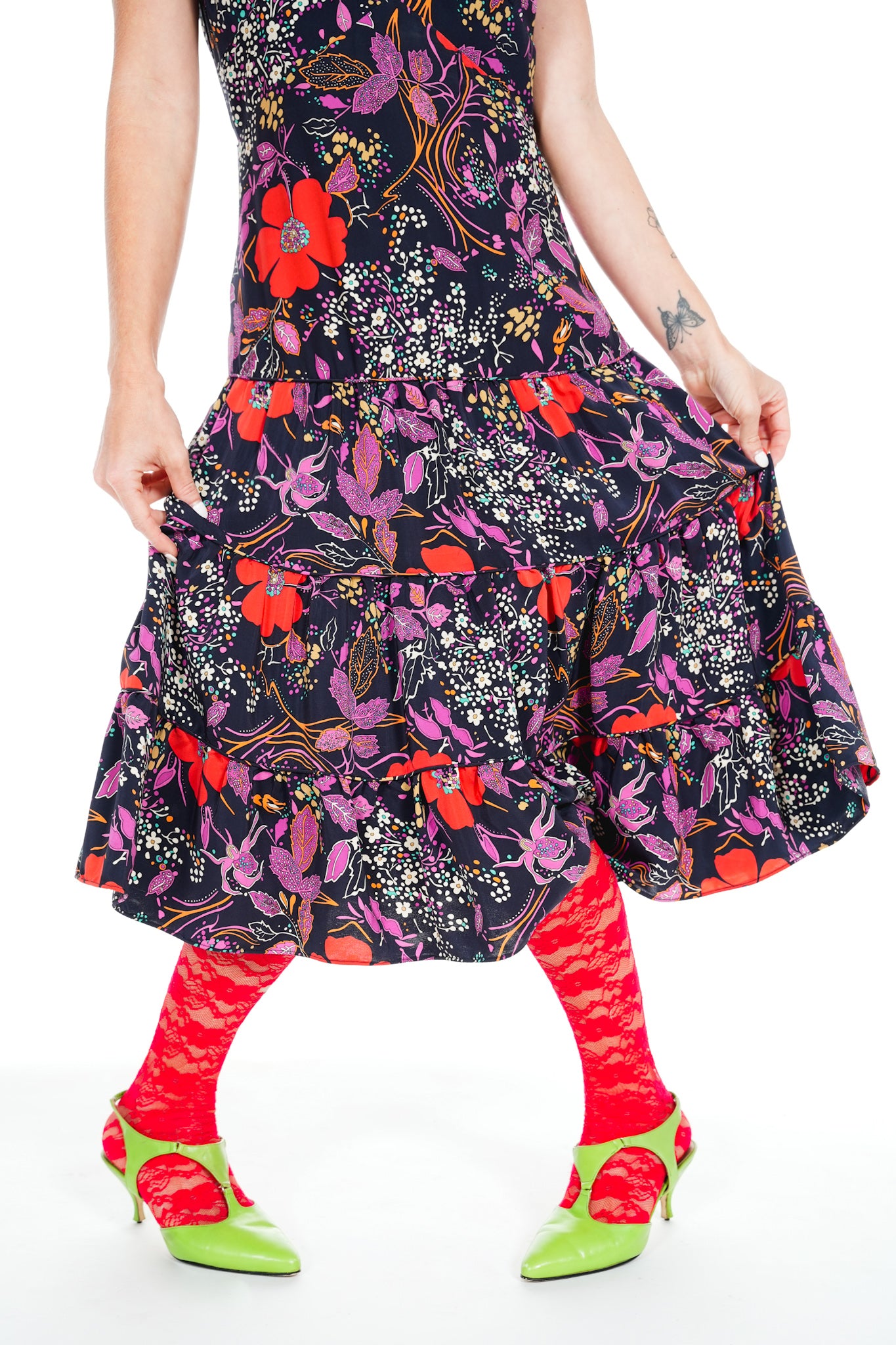 1990's Betsey Johnson Floral Ruffle Midi Dress