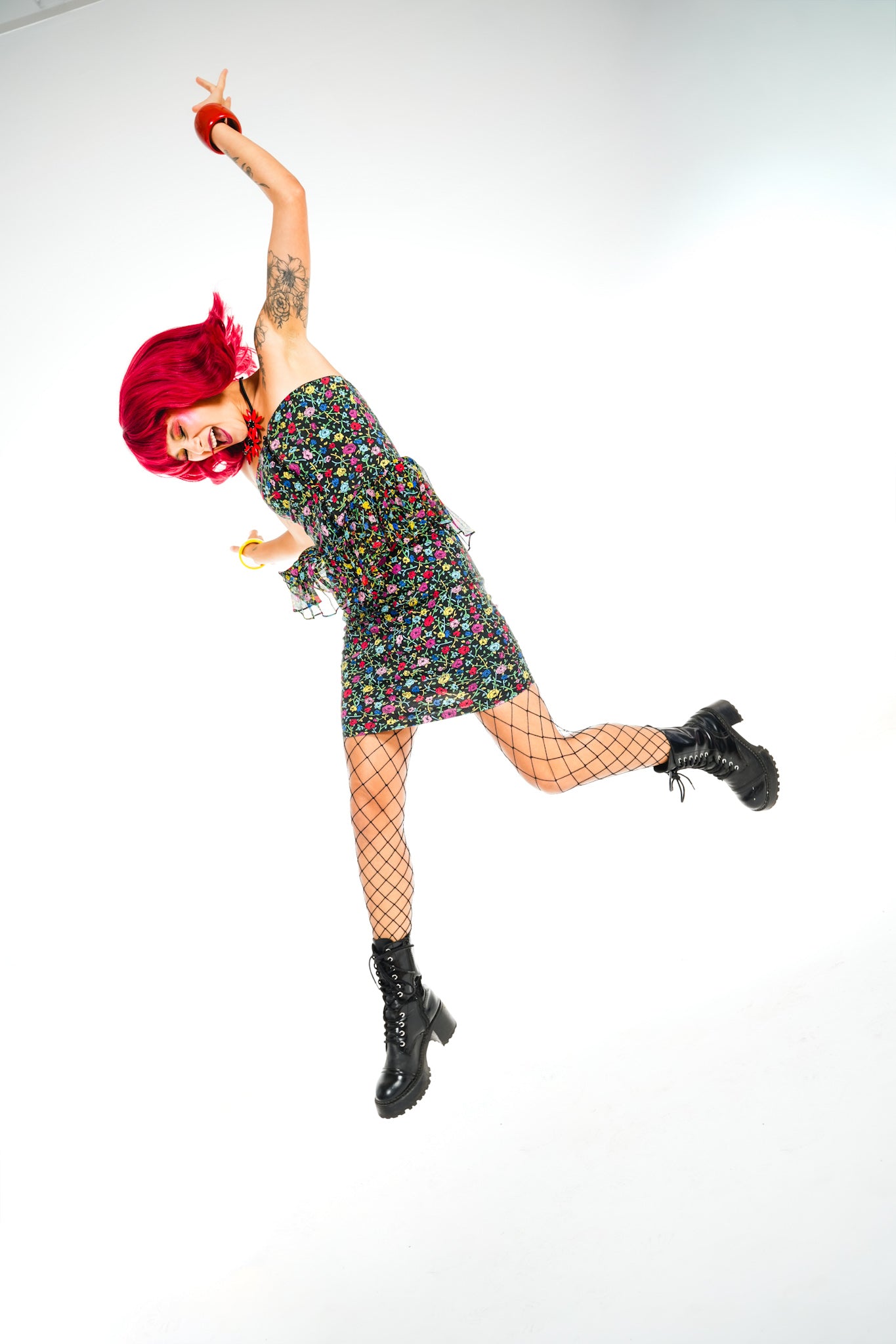 1990's Betsey Johnson Black Strapless Floral Print Dress