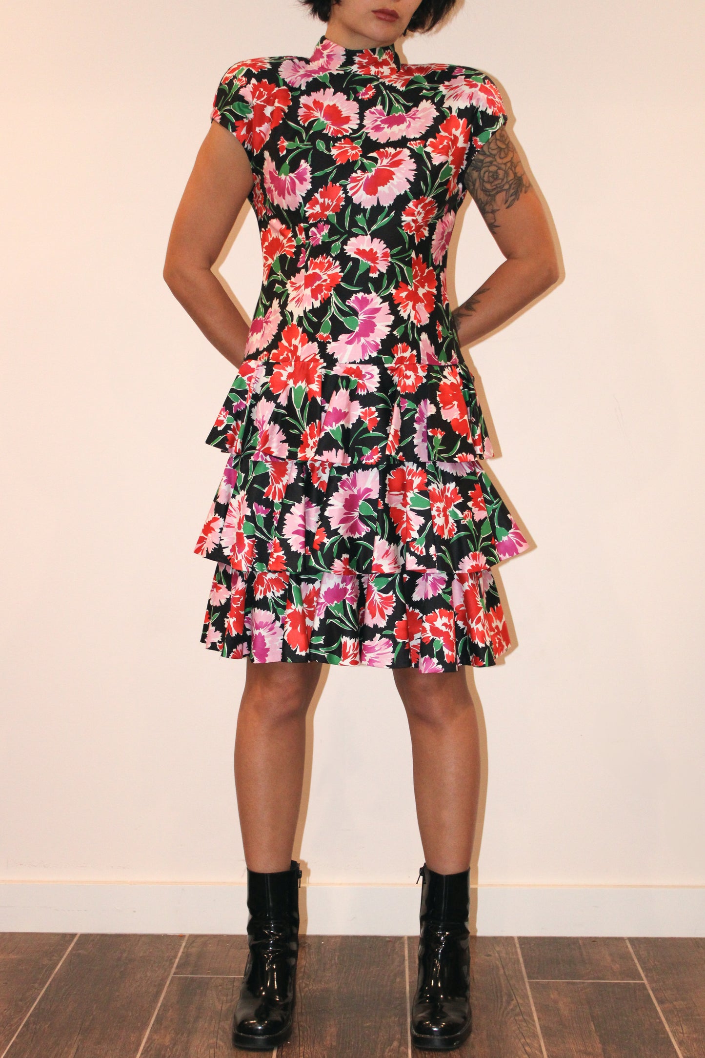 1980s A.J. Bari Carnation Ruffled Mini Dress