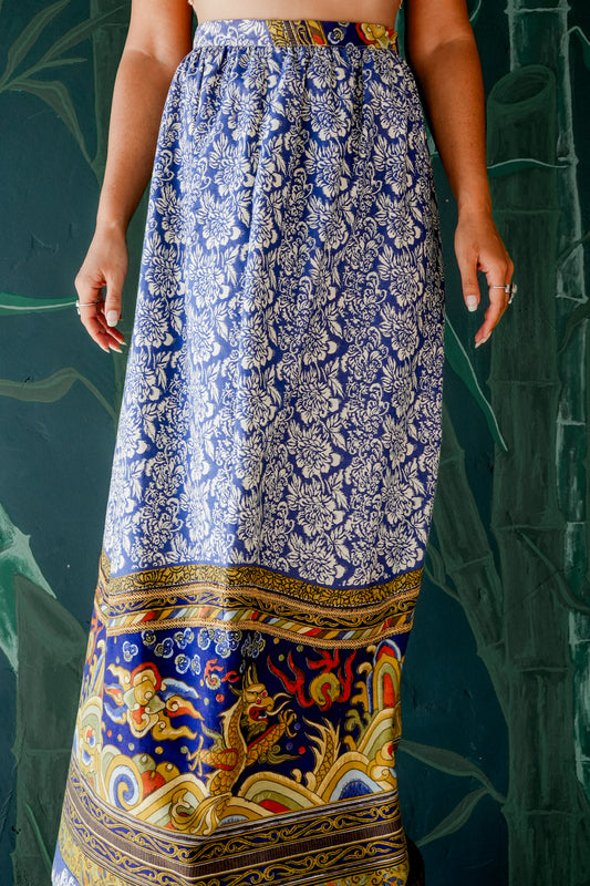 1960's Blue Cotton Dragon Print