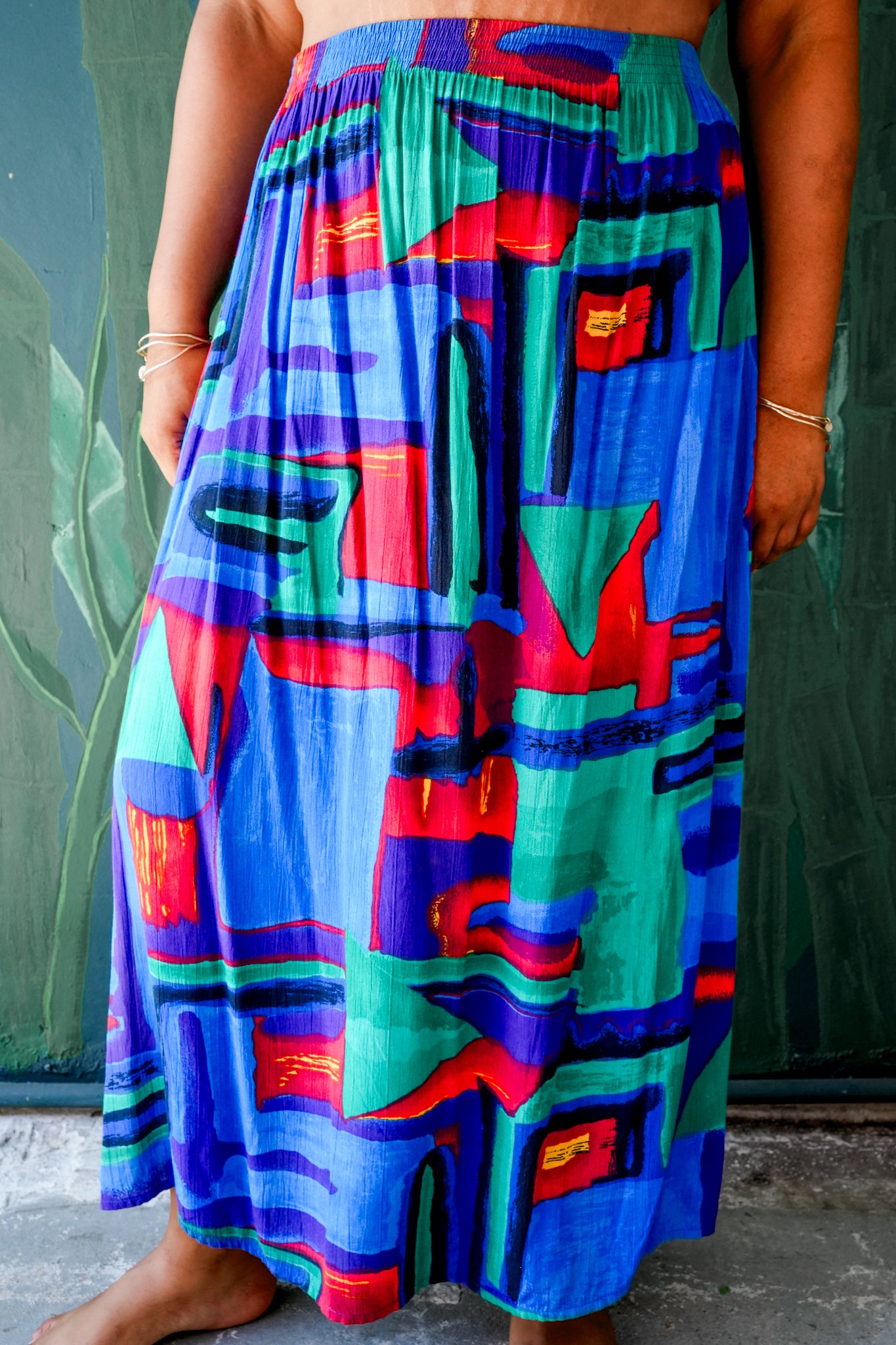 1980's Rayon Abstract Print Midi Dress