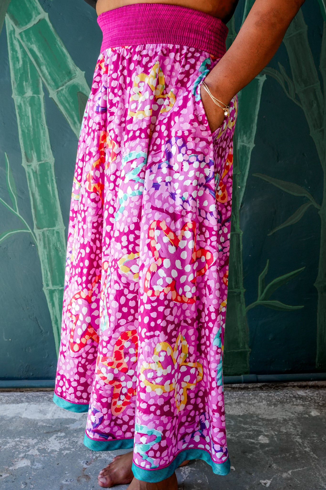 1970's Fuscia Floral Print Maxi Skirt
