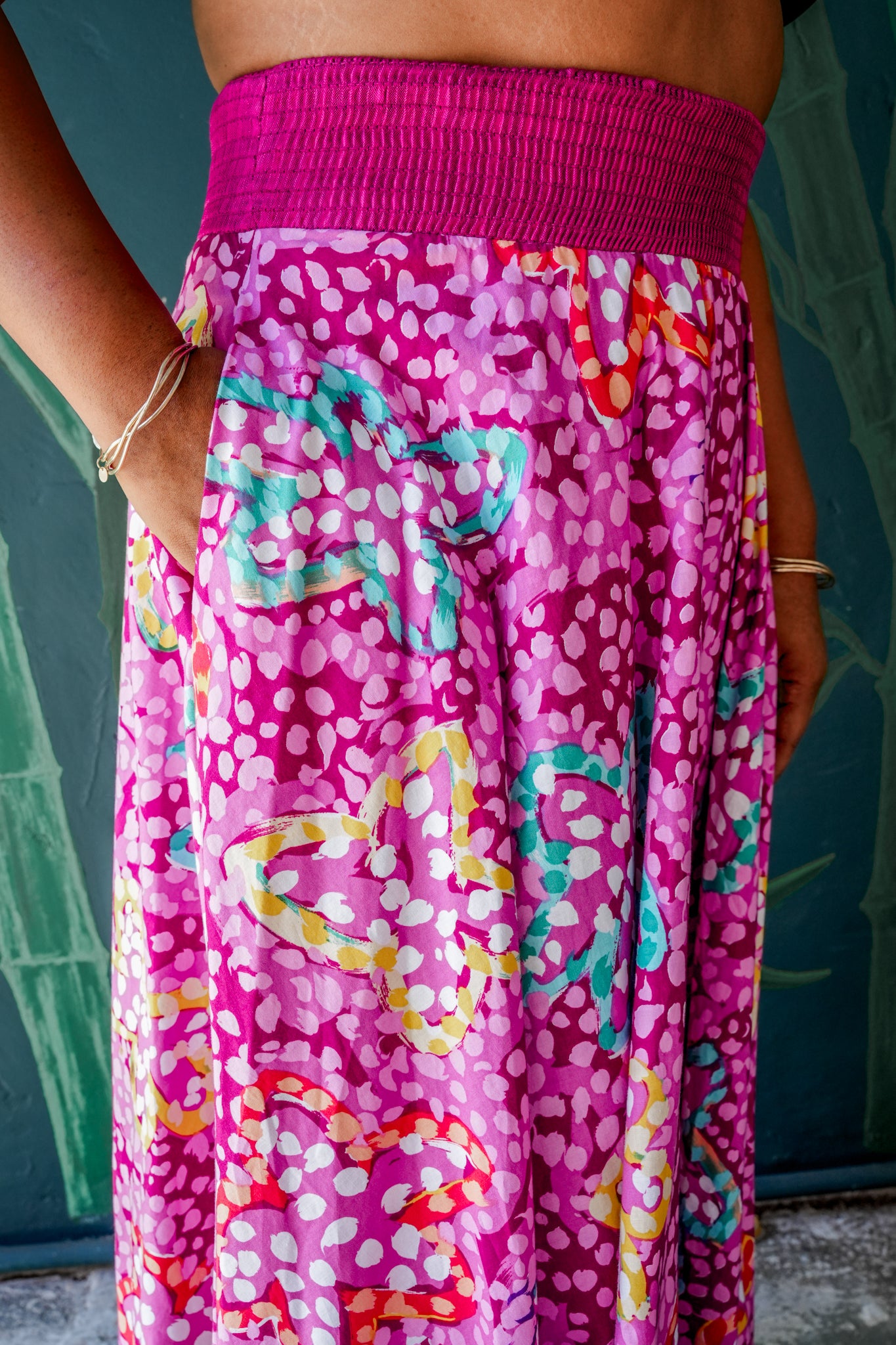 1970's Fuscia Floral Print Maxi Skirt