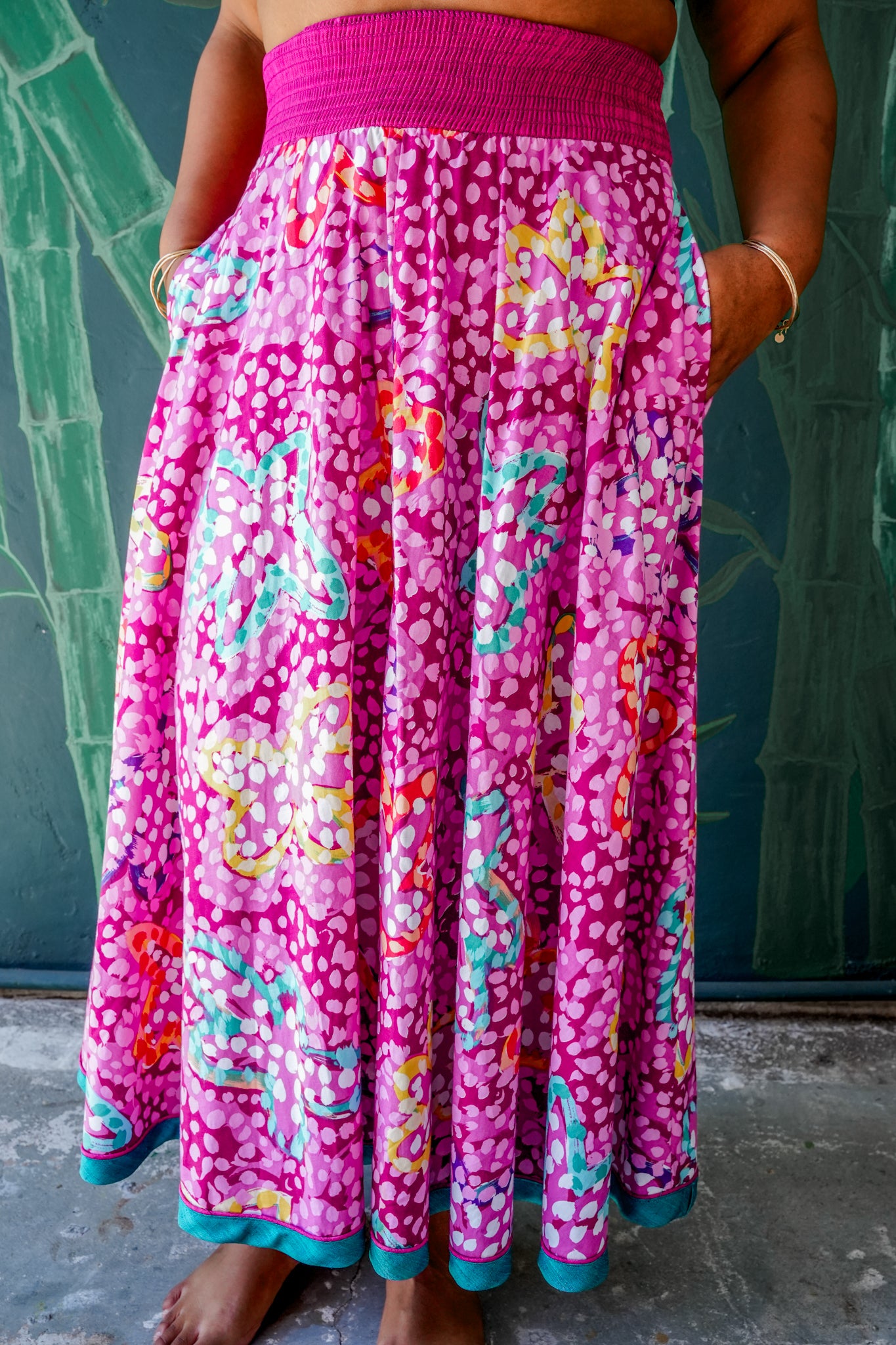 1970's Fuscia Floral Print Maxi Skirt