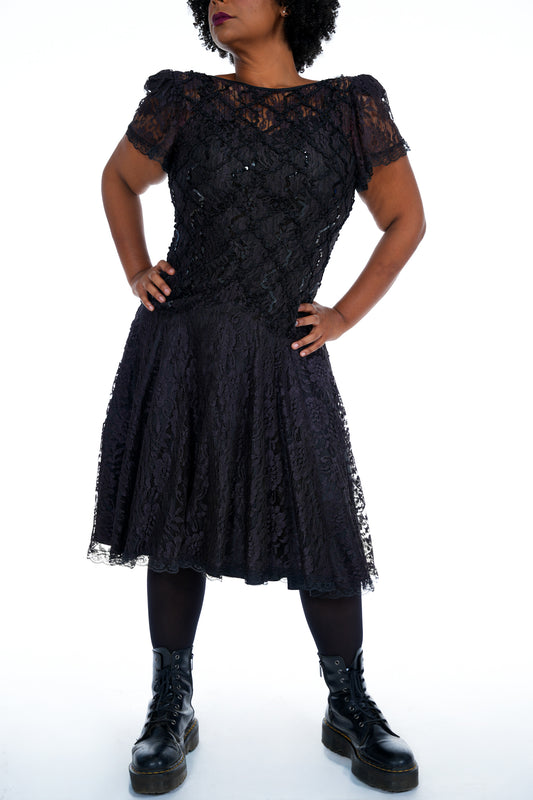 1980's Black & Purple Lace Sequined Gown