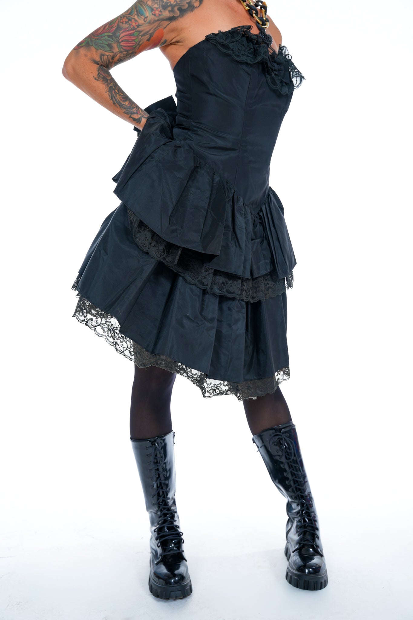 1980's Strapless Black Lacey Prom Dress