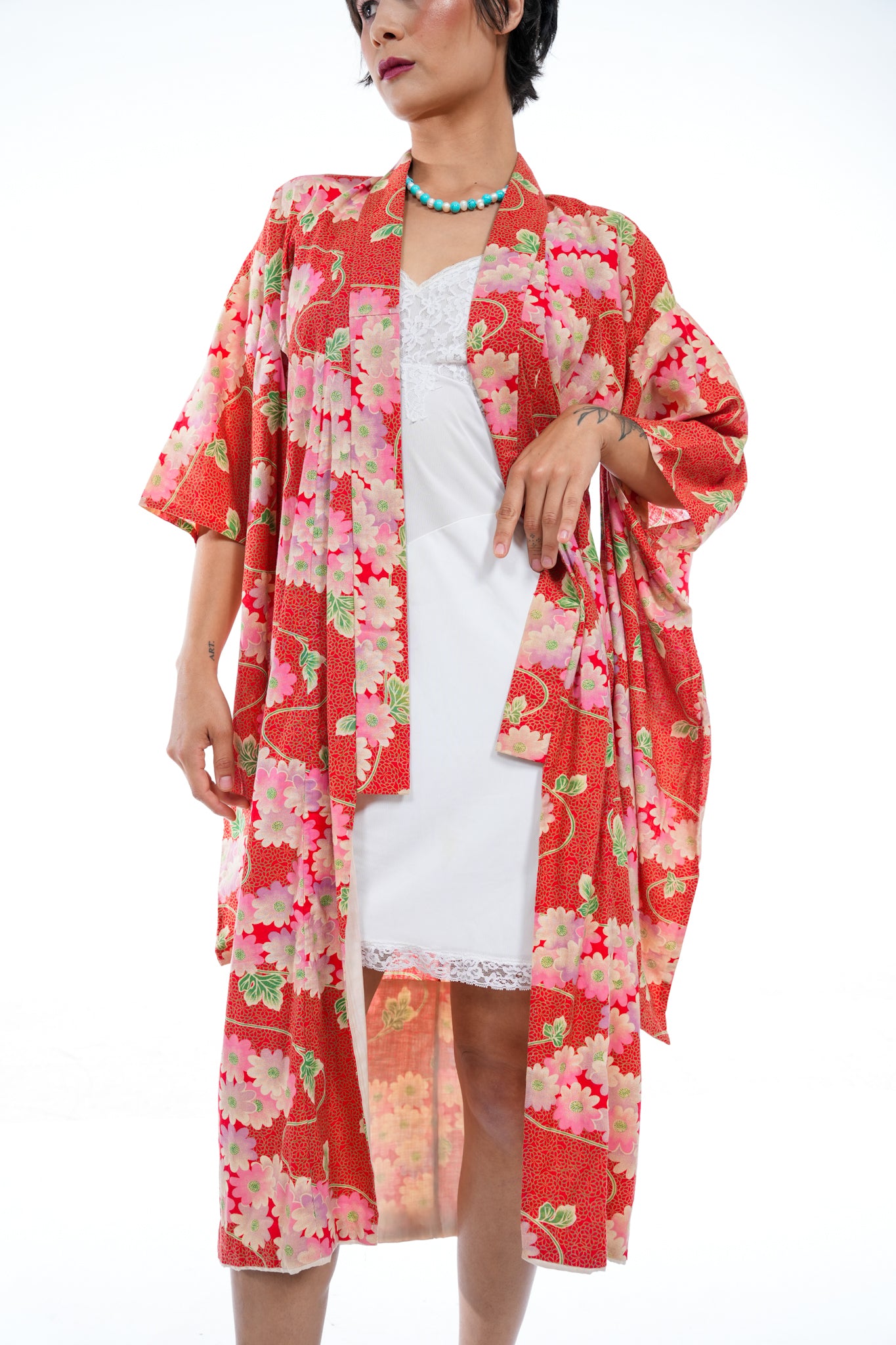 Vintage Red Floral Cotton Kimono