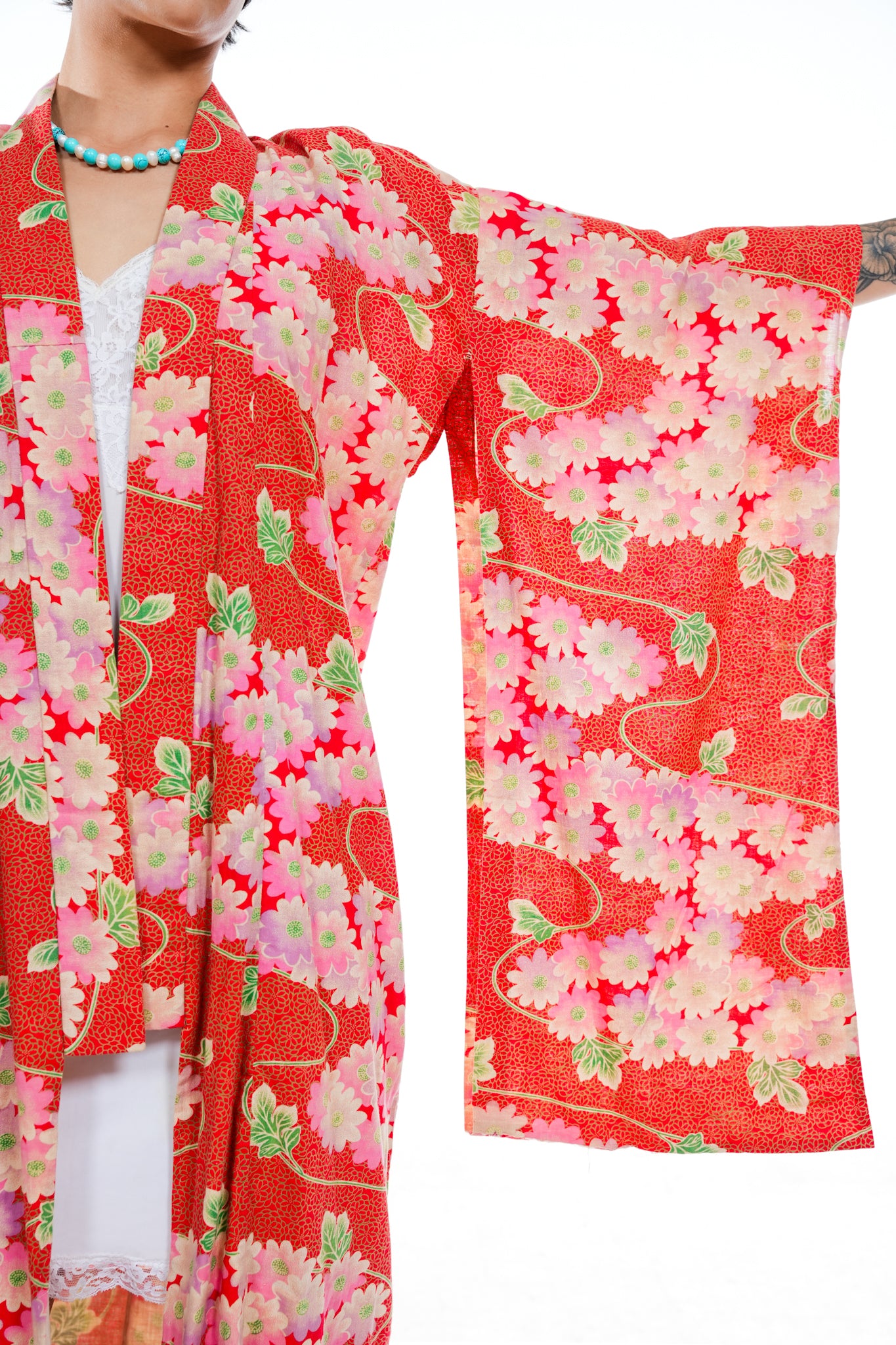 Vintage Red Floral Cotton Kimono