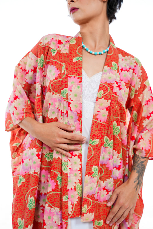 Vintage Red Floral Cotton Kimono