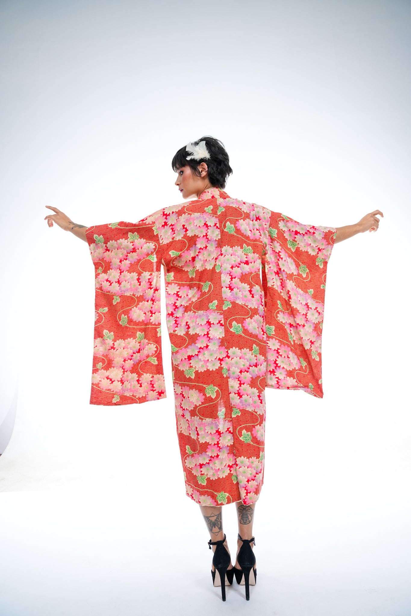 Vintage Red Floral Cotton Kimono