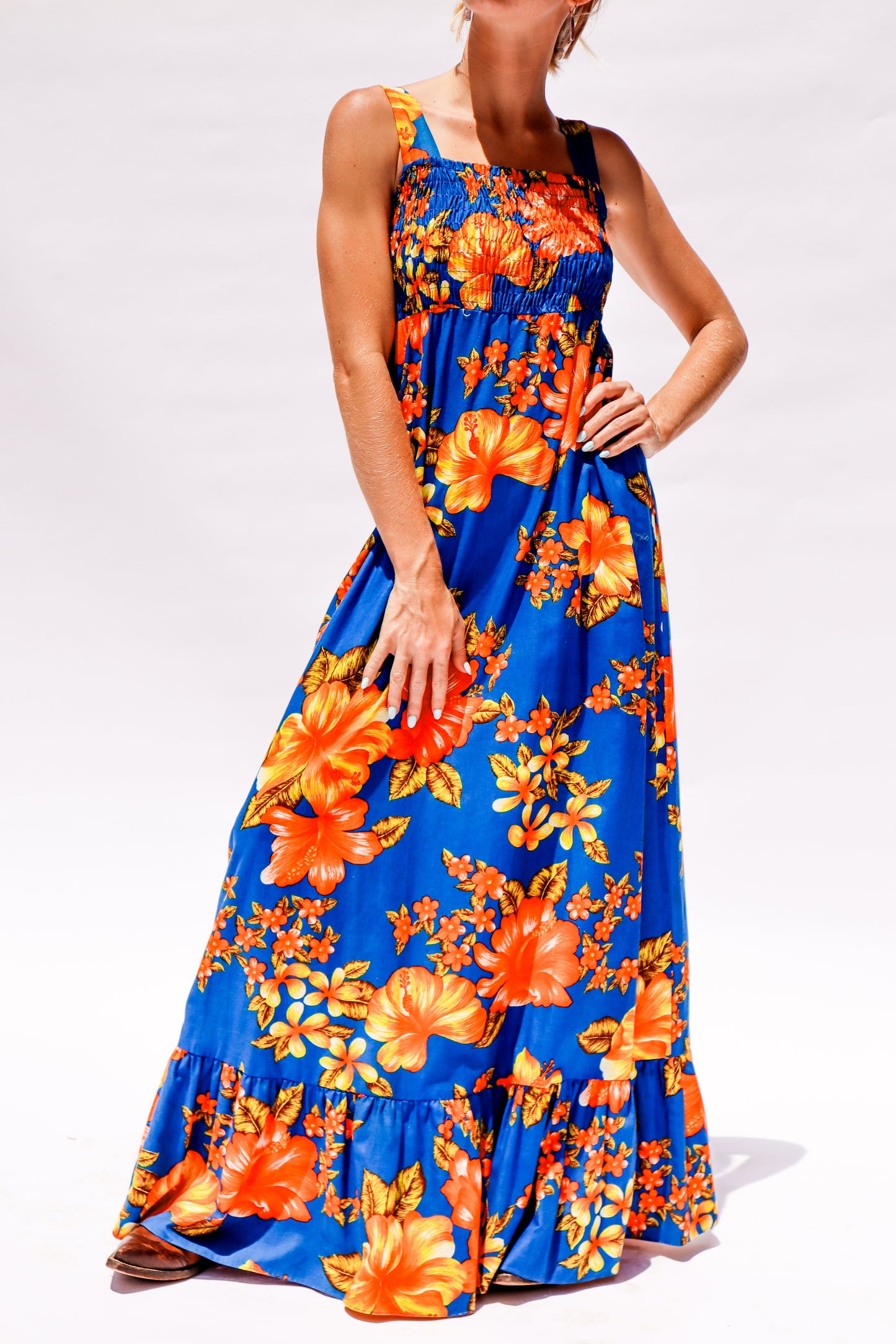 1960's Orange & Blue Hibiscus Dress