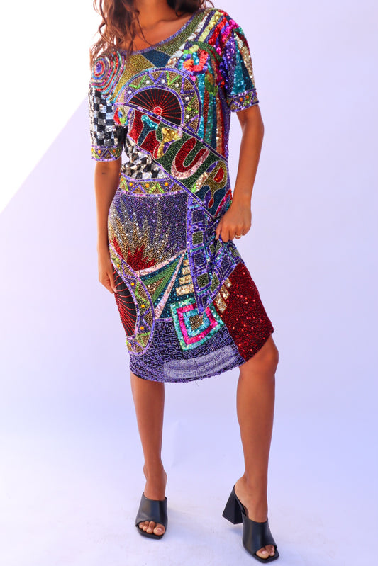 1980's Sequin & Hand Beaded Multi-Color Dress