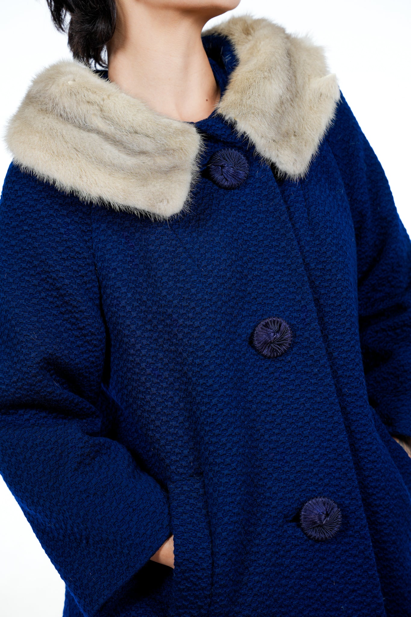 1960s Navy Blue Fur Collar Trench Coat