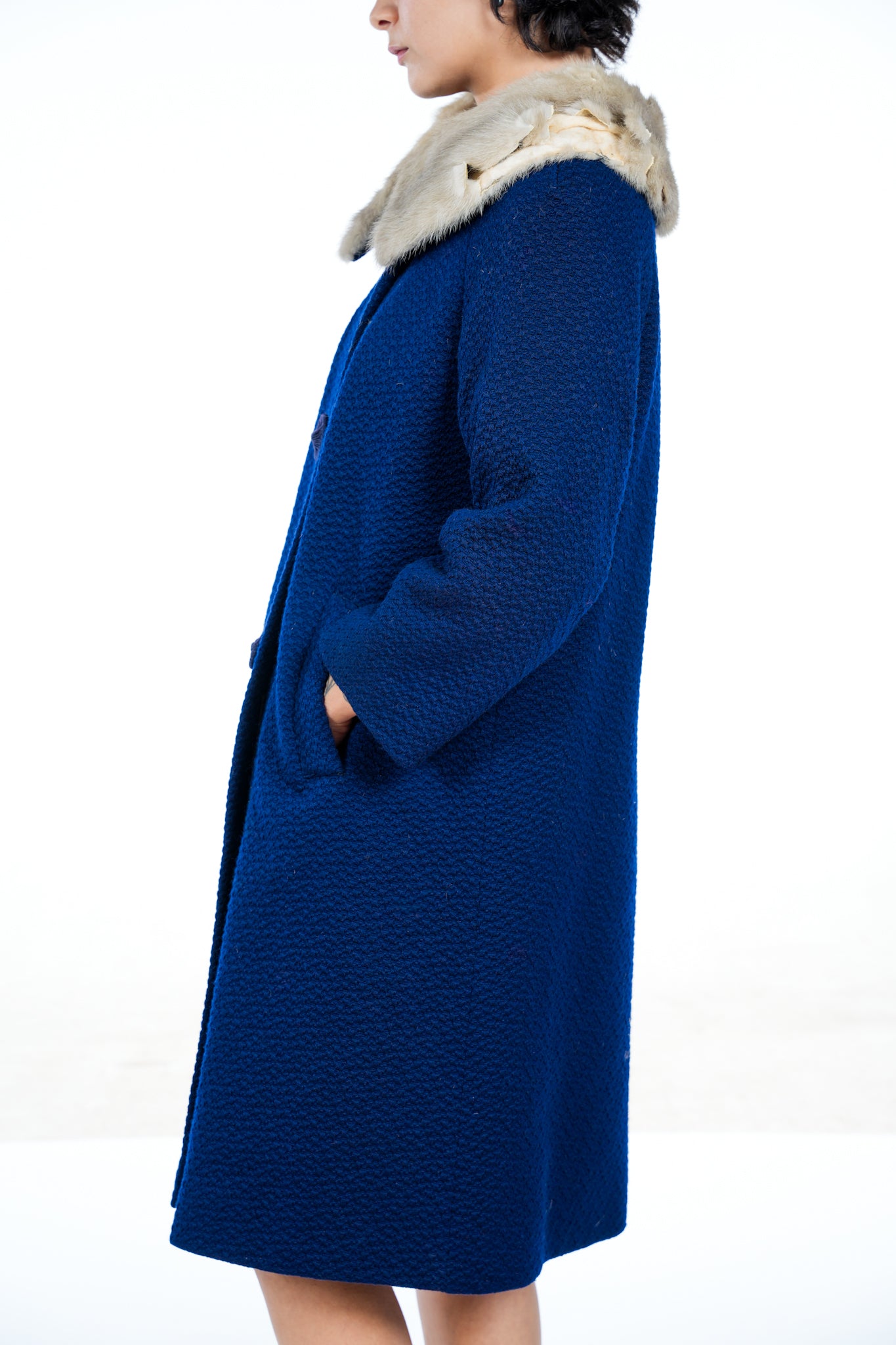 1960s Navy Blue Fur Collar Trench Coat