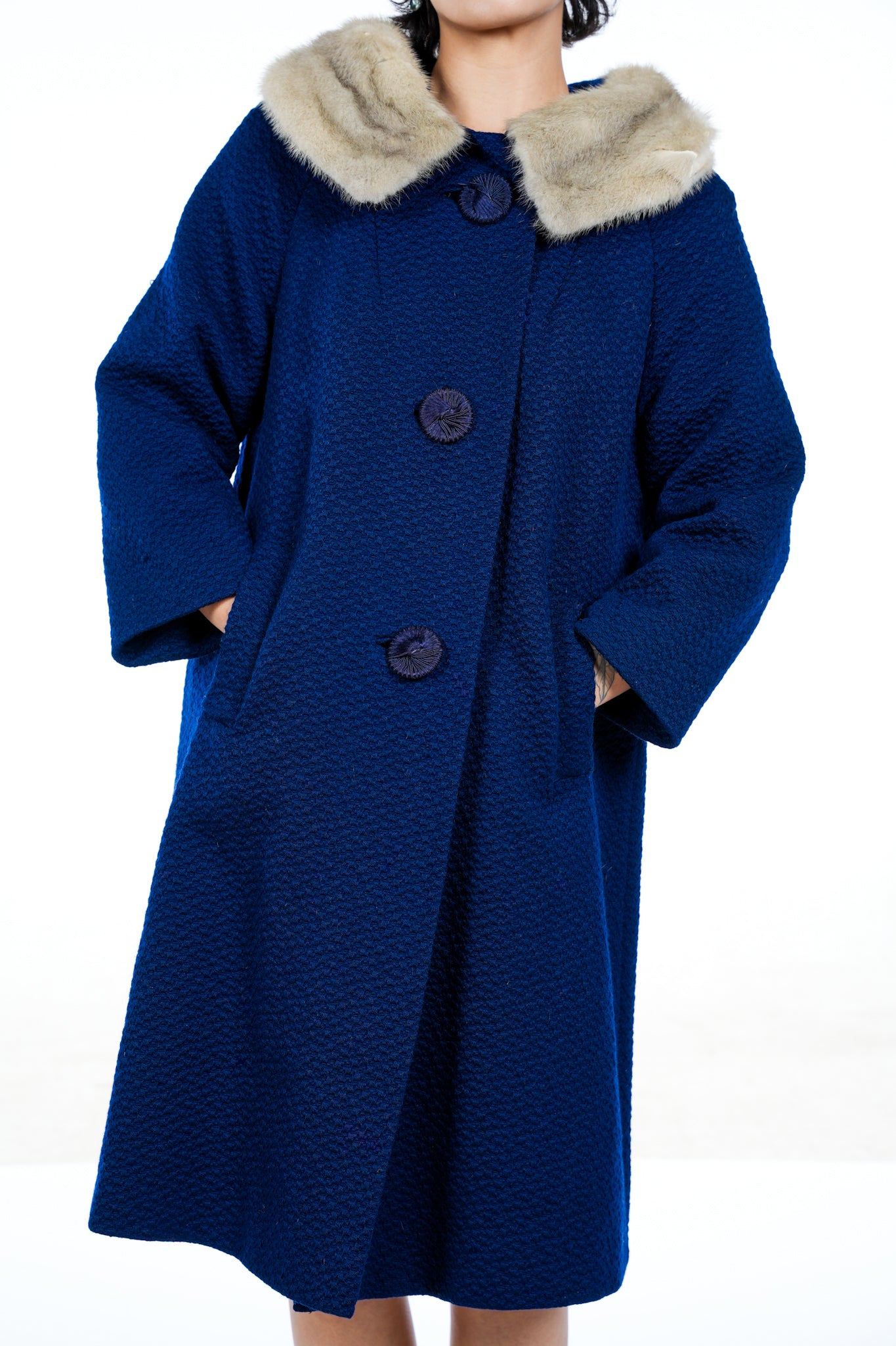 1960s Navy Blue Fur Collar Trench Coat