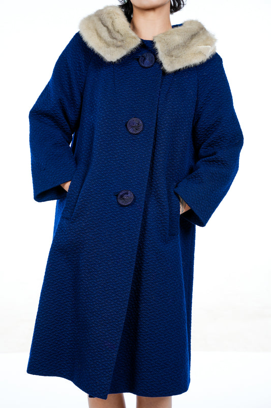 1960s Navy Blue Fur Collar Trench Coat
