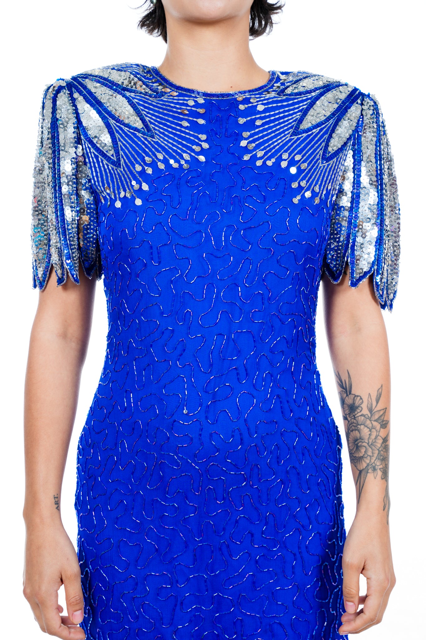 1980s Lawrence Kazar Blue Silk Beaded Dress