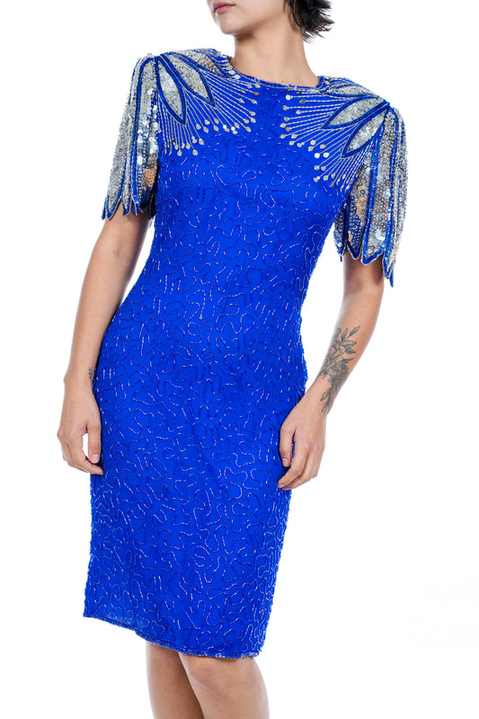 1980s Lawrence Kazar Blue Silk Beaded Dress