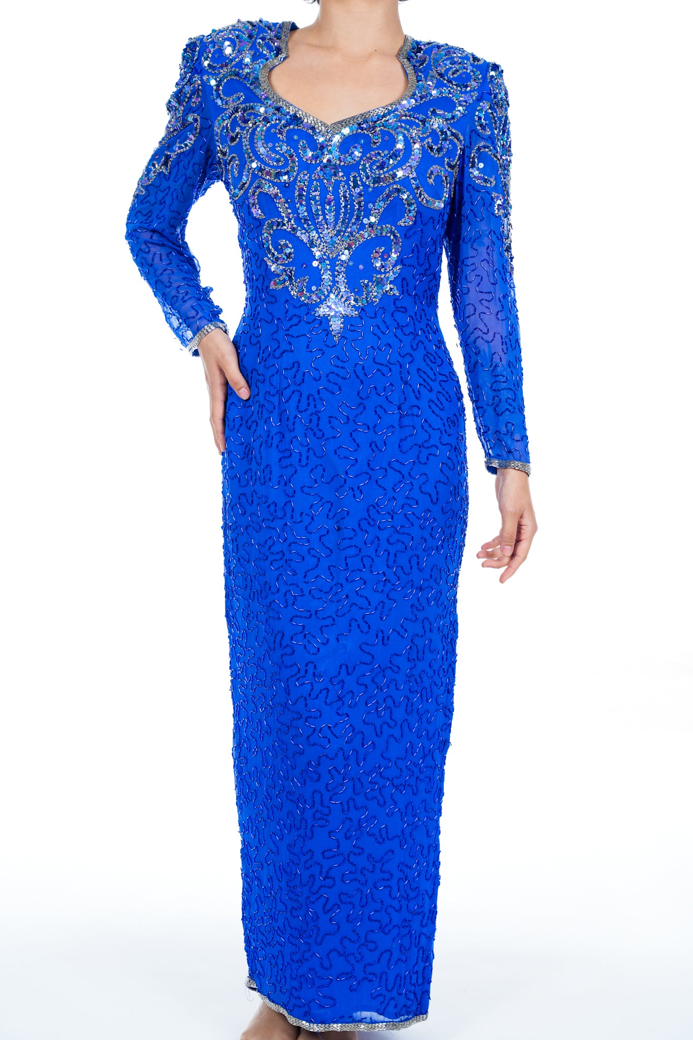 1980s Jovani Blue Beaded Dress
