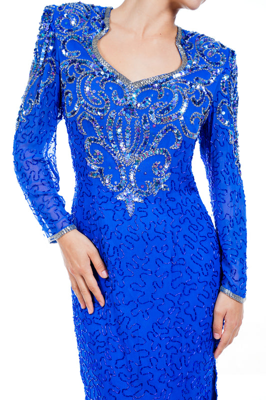 1980s Jovani Blue Beaded Dress
