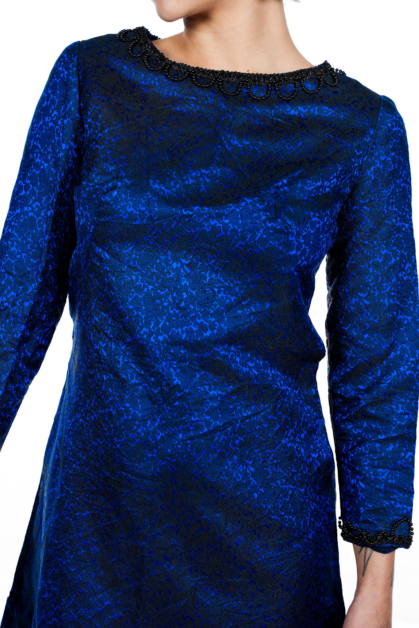 1960s Blue and Black Beaded Dress