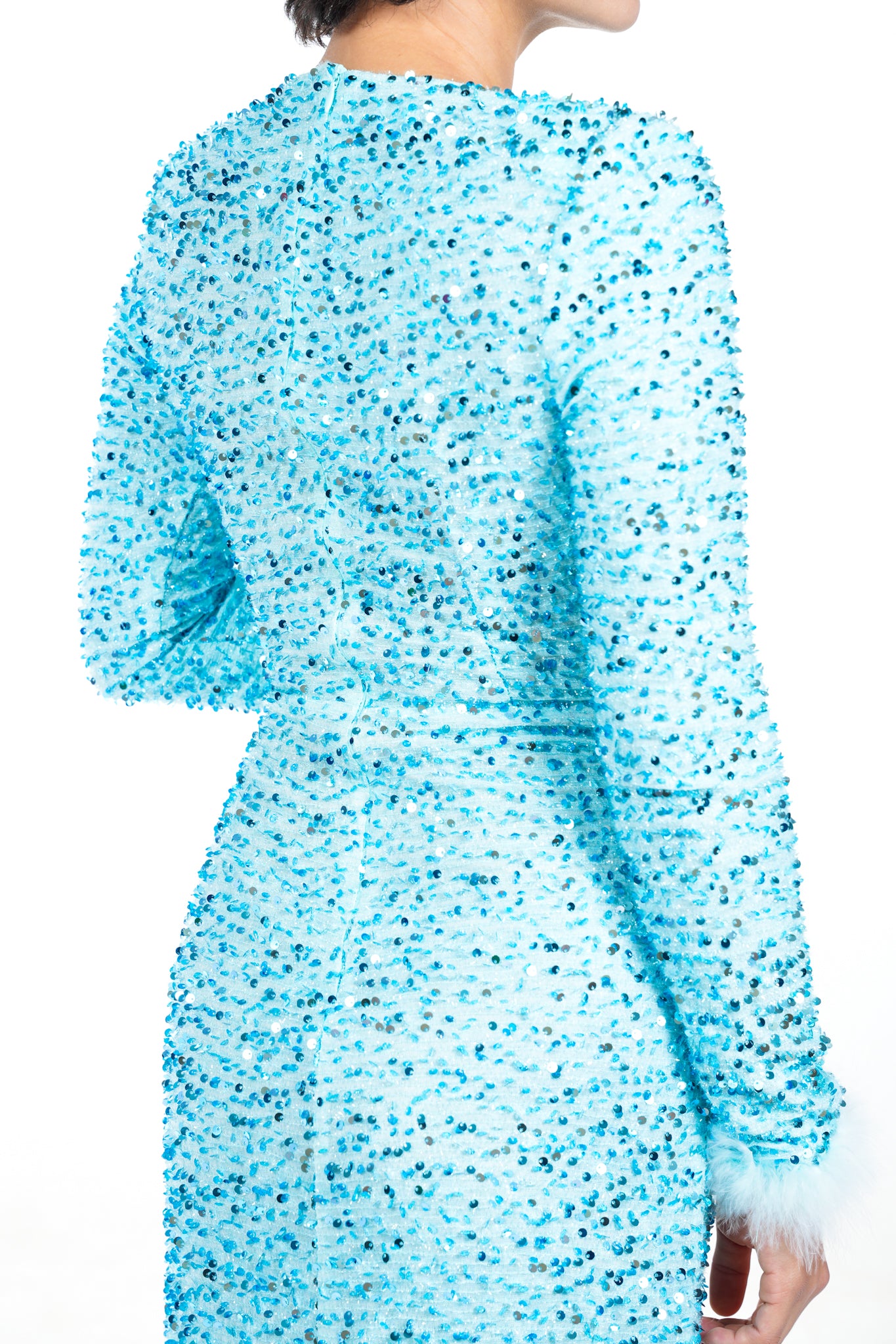 1990s Light Blue Sequin Fur Sleeve Gown